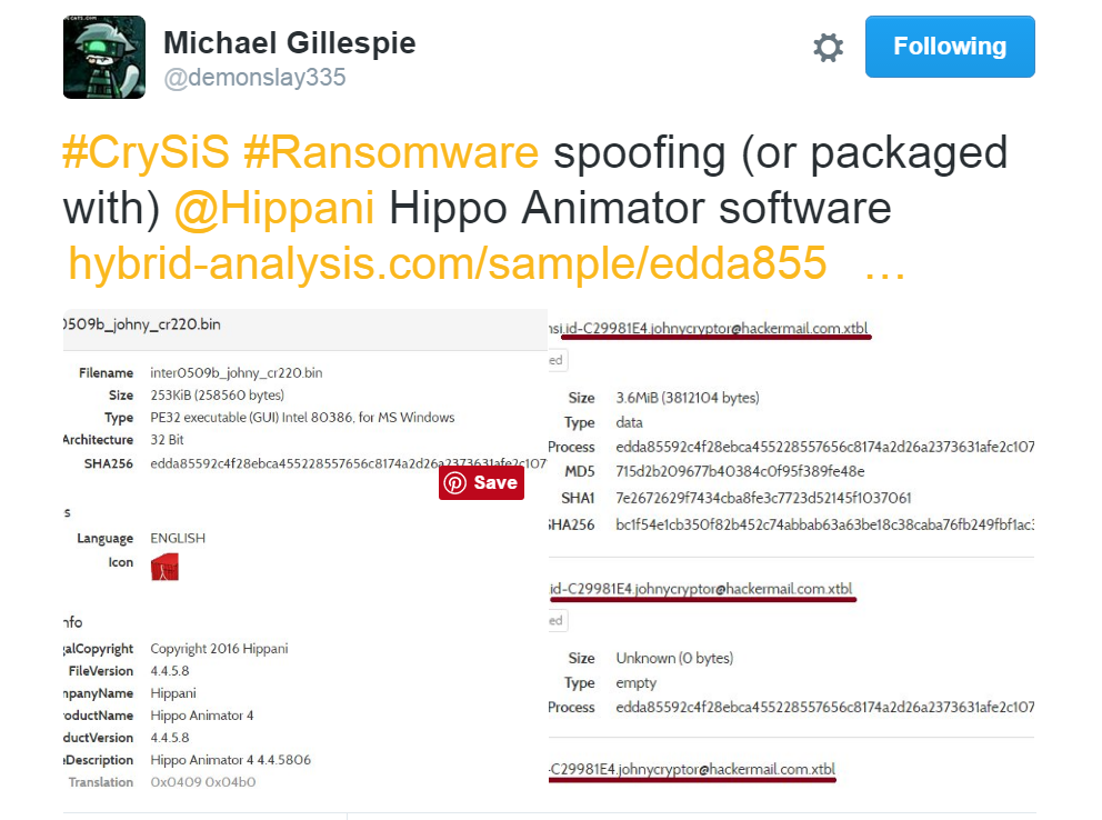 michael-gillespie-tweet-crysis-ransomware-hippo-animator-software