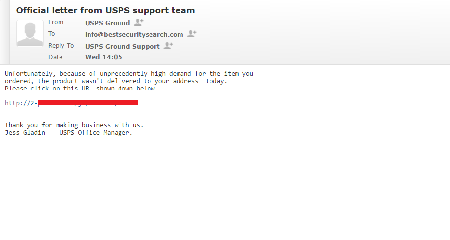 usps support team scam email send to bestsecuritysearch mole ransomware distribution