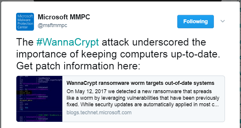 Microsoft-malware-protection-center-tweet-how-to-protect-wannacry-virus