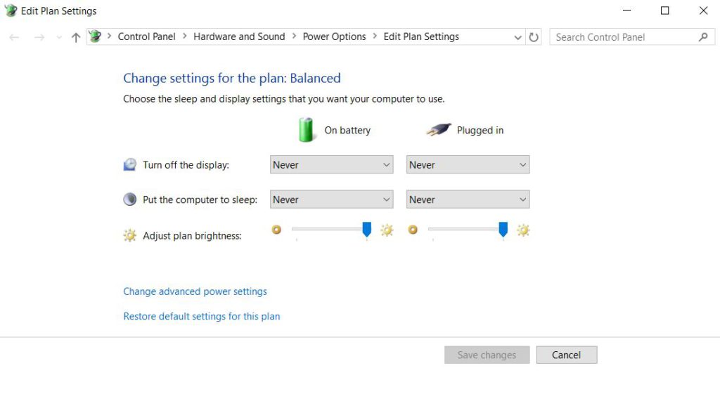 windows power settings set all to never