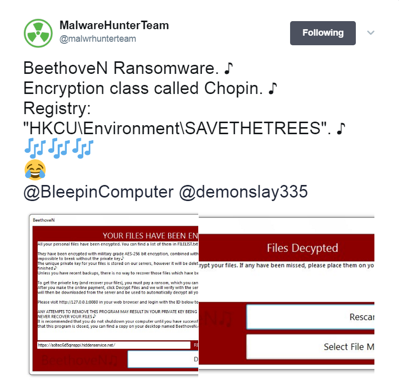 malwarehunterteam-catchy-twitter-post-about-beethoven-ransomware-virus